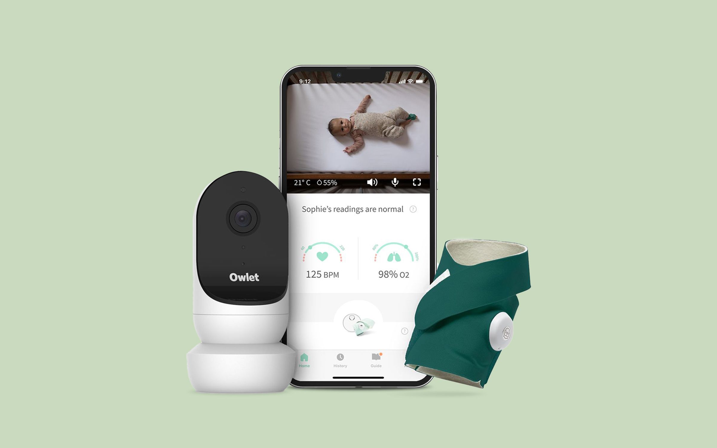 Owlet Duo Smart Sock 3 & Cam 2 Baby Monitor, Green