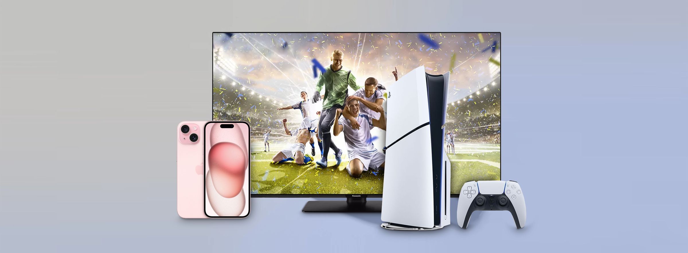 Image of a collection of Tvs, Playstation 5 and iPhone 15