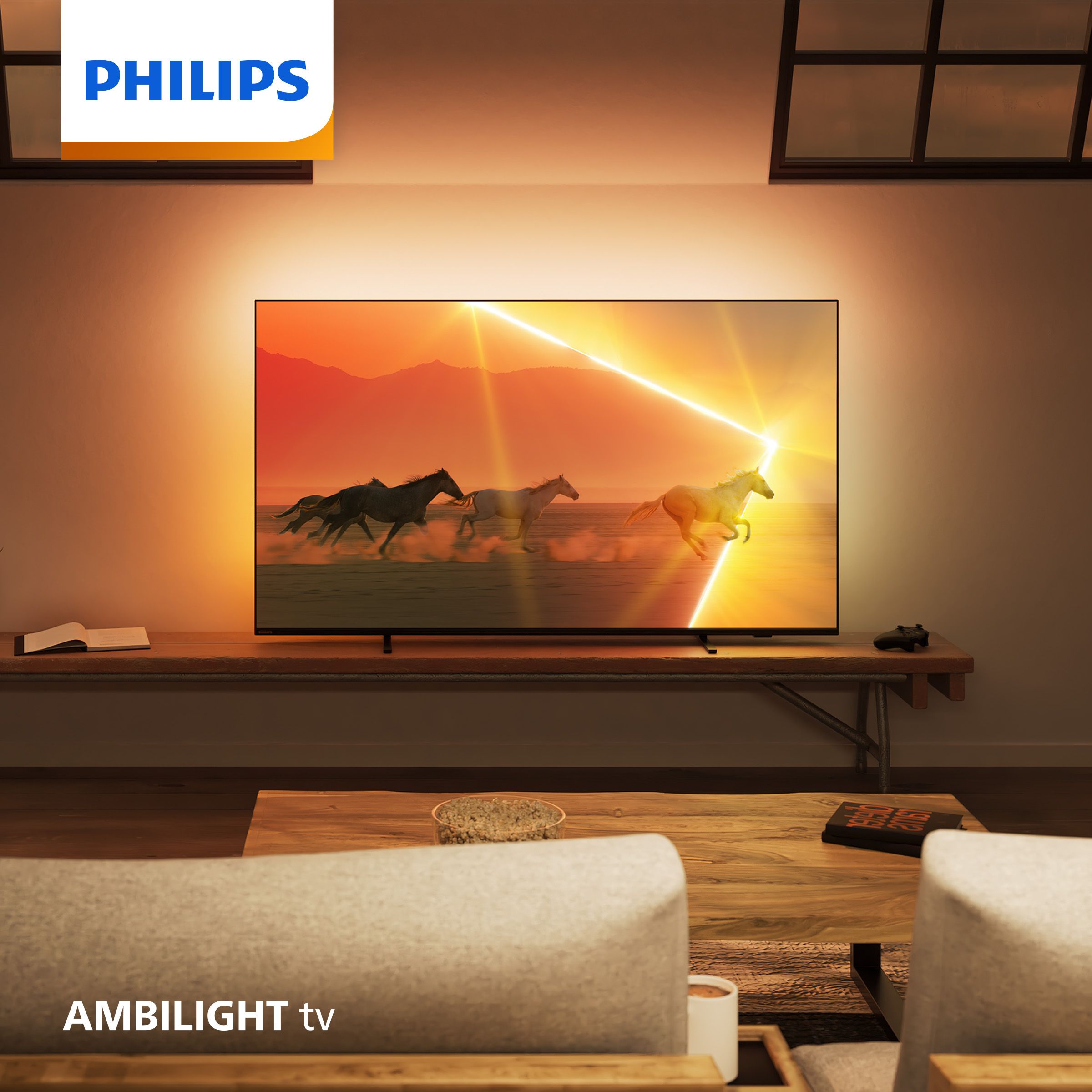 philips tv with a wild horse in a yellow lounge
