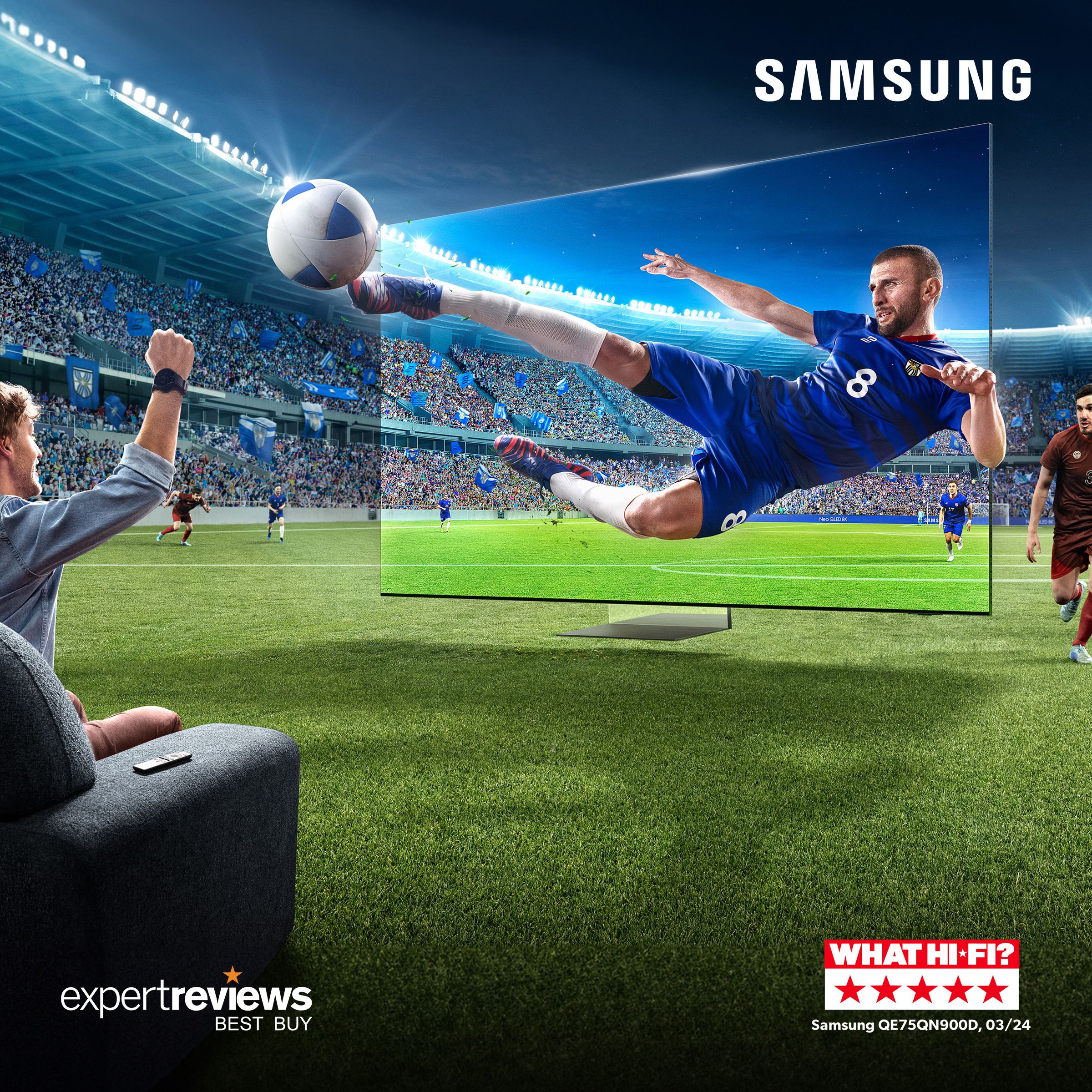Man on sofa on a football pitch watching football match on Samsung TV