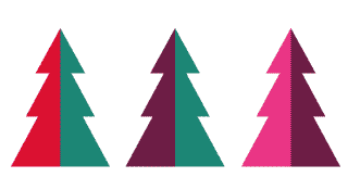 Three geometric Christmas tree icons in bright colours