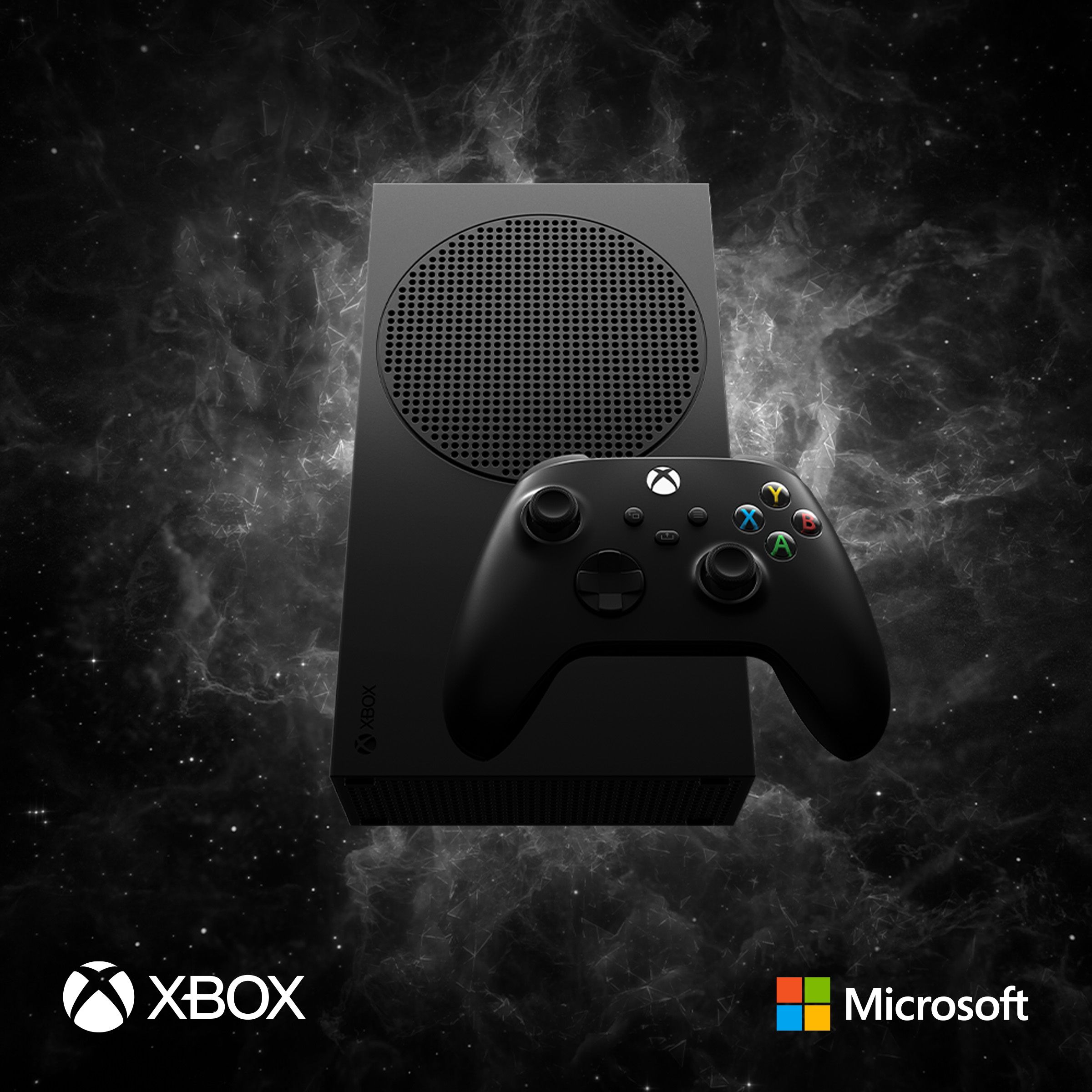microsoft xbox consol and a controller, on a black space. themed background