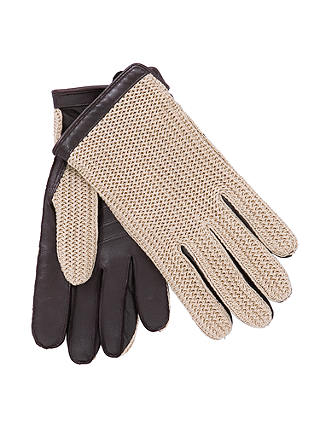 John Lewis & Partners Crochet Back Wool Lined Leather Driving Gloves, Brown/Cream