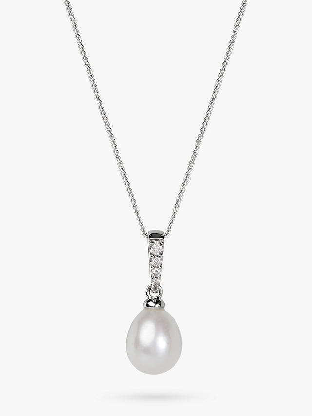 A B Davis 9ct White Gold Freshwater Pearl and Diamond Pendant Necklace, White