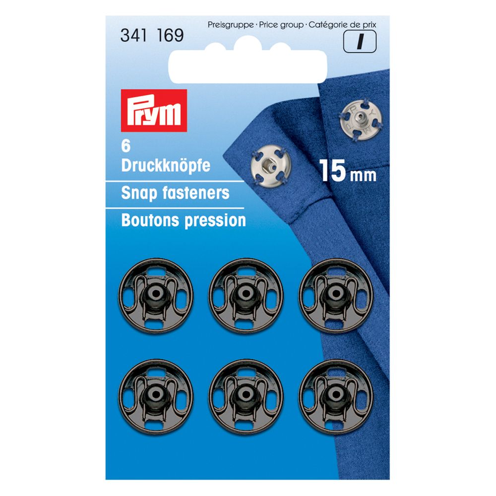 Prym 15 mm Sew-on Snap Fasteners noir 341169 en laiton pack de 6