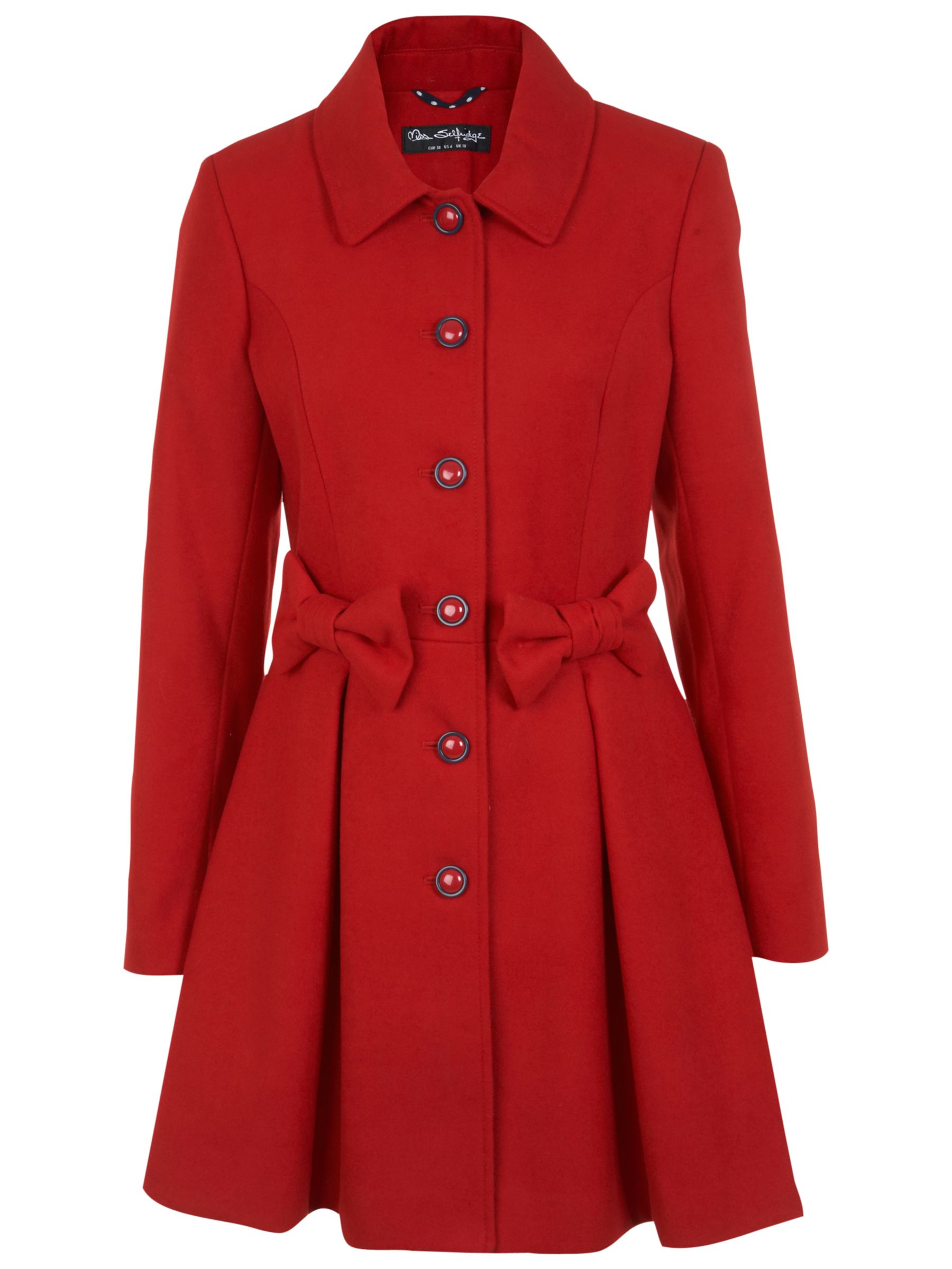 Miss Selfridge Bow Detail Coat, Red at John Lewis & Partners