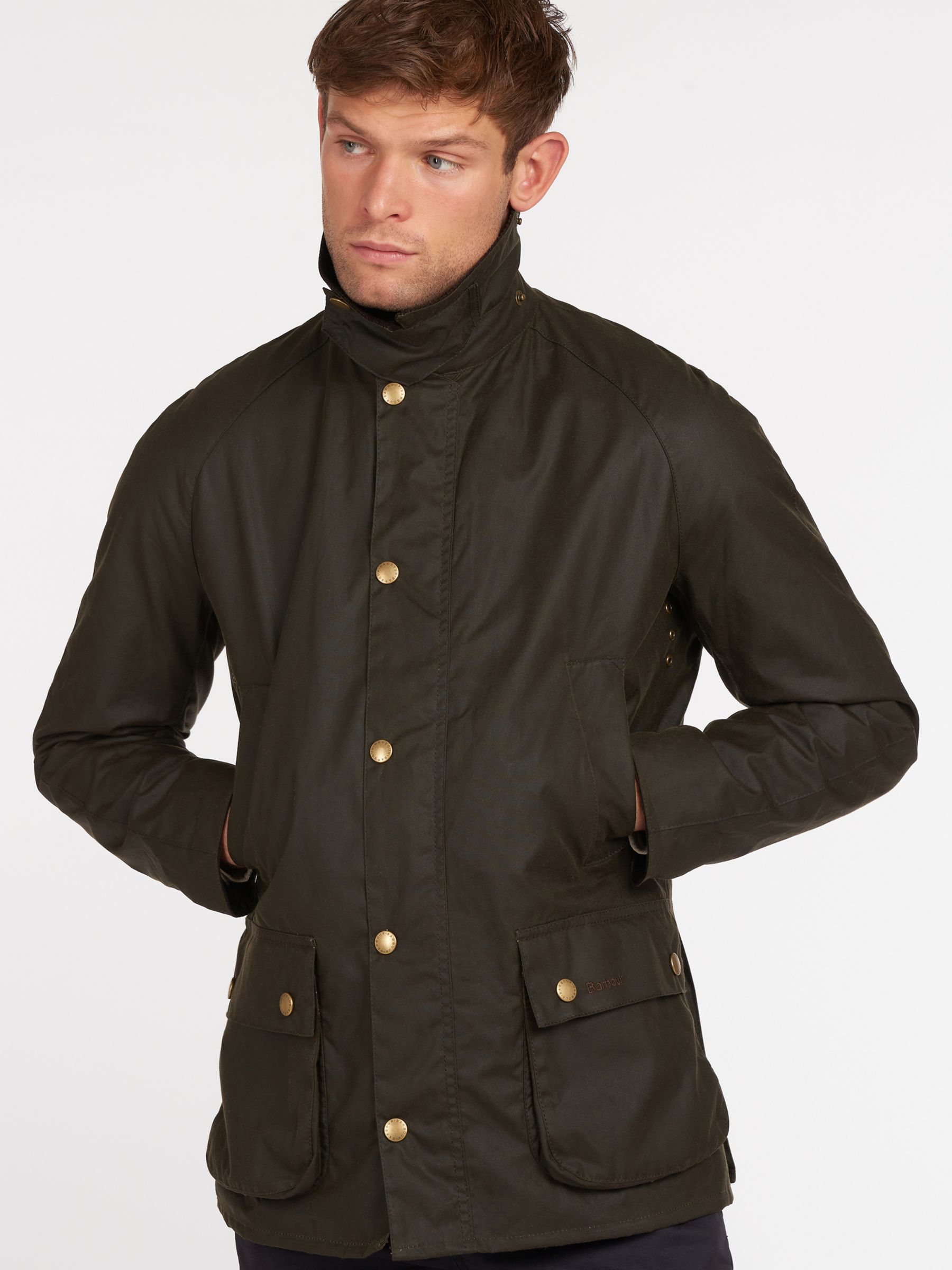 Barbour Ashby Waxed Cotton Field Jacket, Olive at John Lewis & Partners