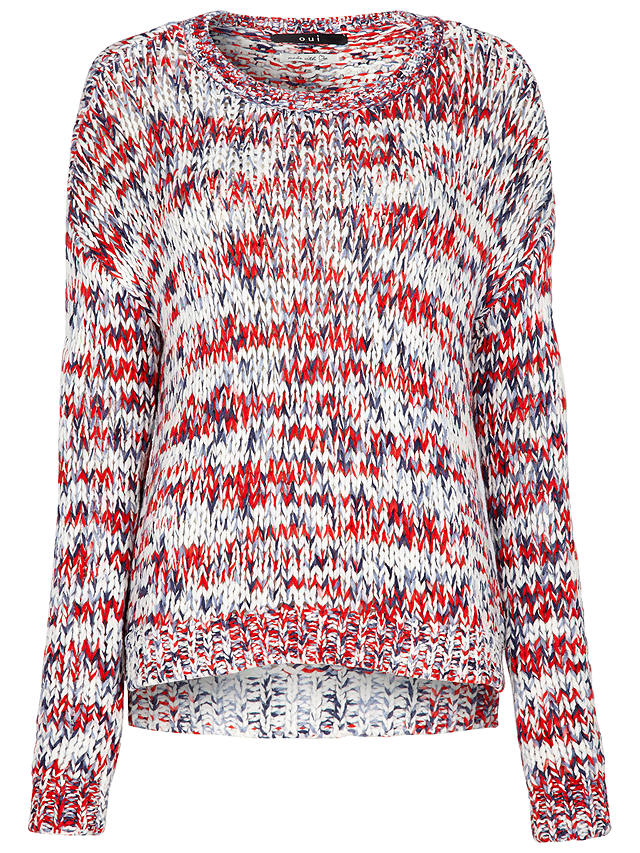 Oui Loose Knit Crew Neck Jumper, White/Red at John Lewis & Partners