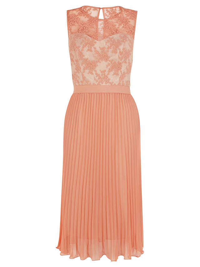 Warehouse Mesh Bodice Pleat Skirt Dress, Coral at John Lewis & Partners