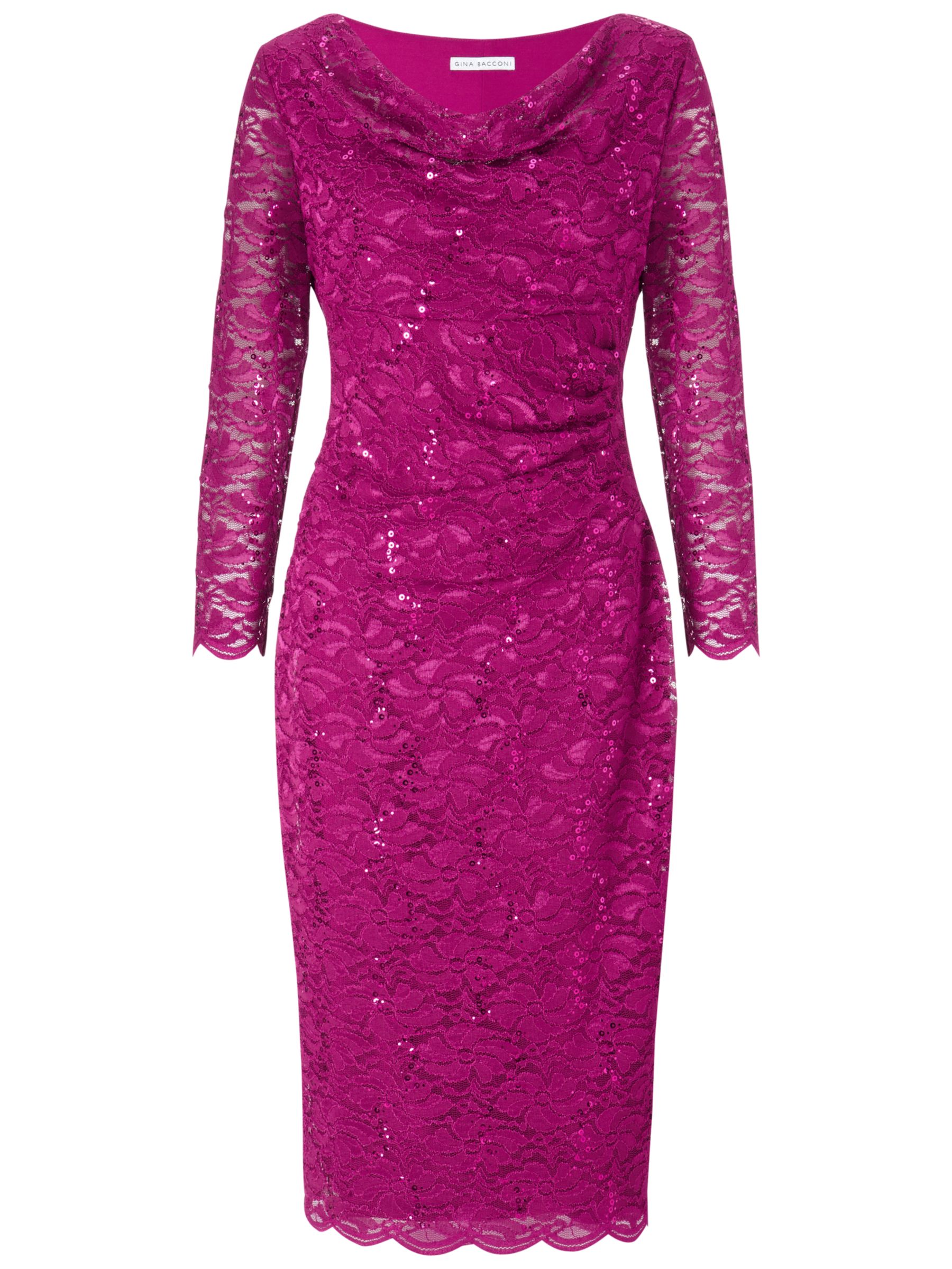Gina Bacconi Sequinned Lace Cowl Neck Dress, Magenta at John Lewis ...