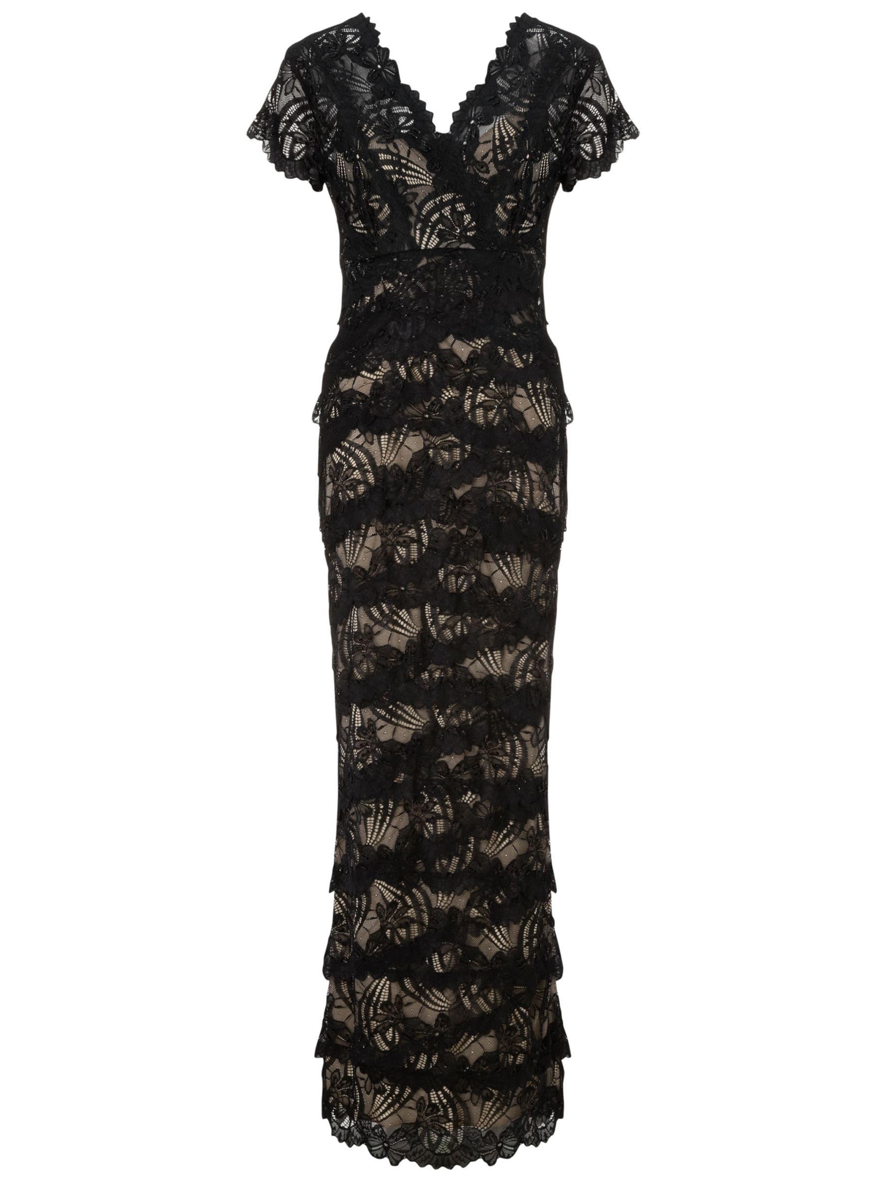 Gina Bacconi Long Beaded Lace Dress, Black/Beige