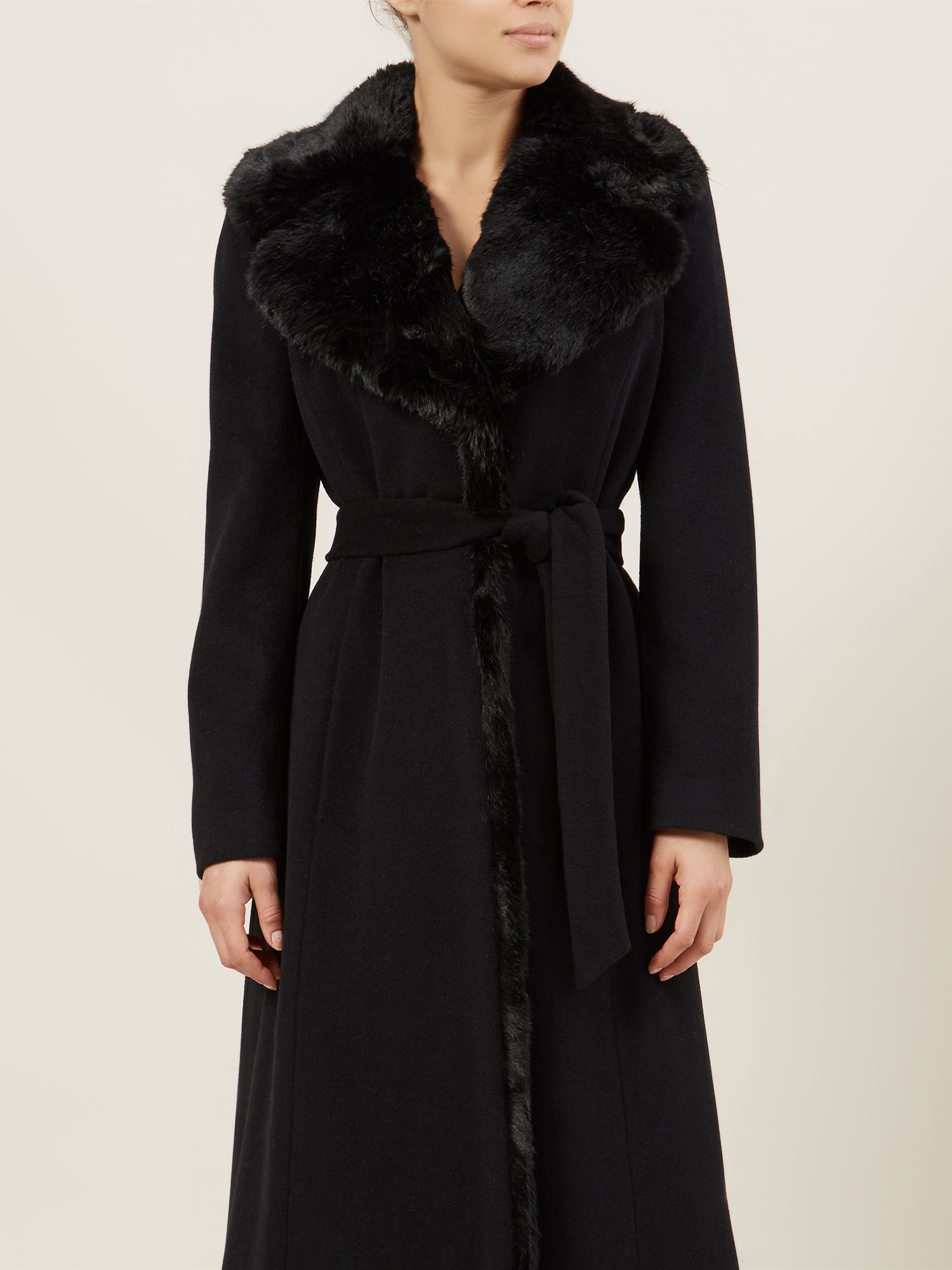 Jacques Vert Long Faux Fur Collar Wrap Coat, Black at John Lewis & Partners