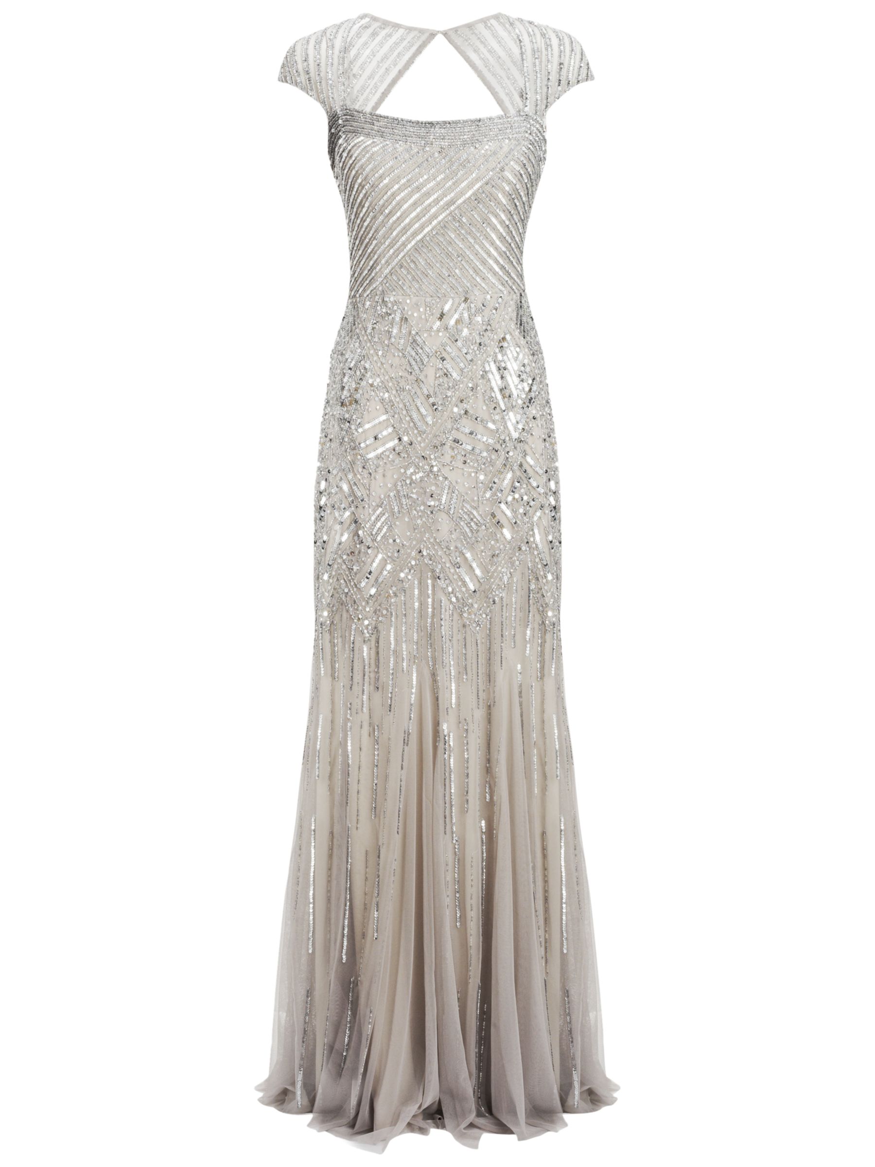 Adrianna Papell Long Beaded Dress, Platinum at John Lewis & Partners