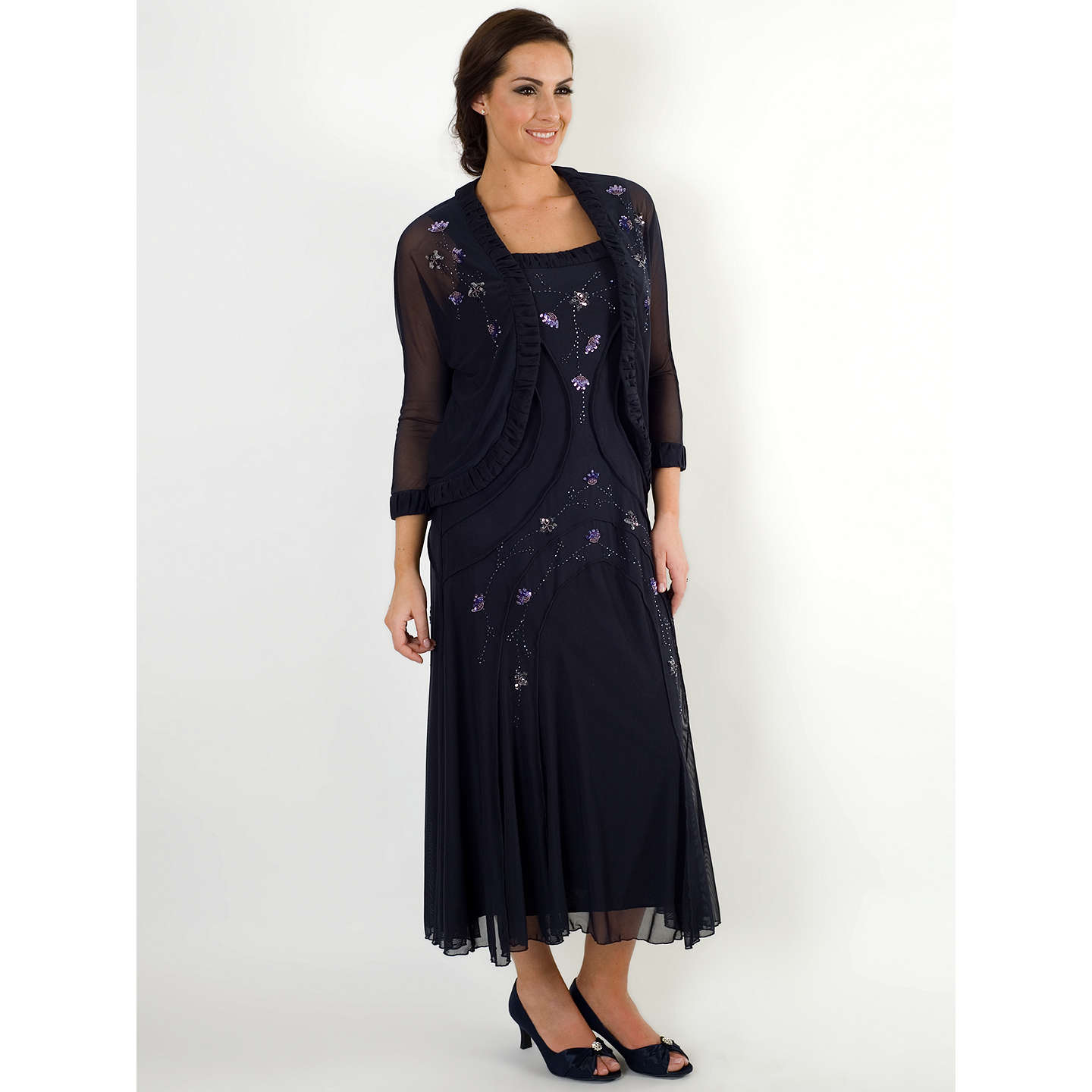 Chesca Ruched Trim Bead Mesh Dress, Navy at John Lewis