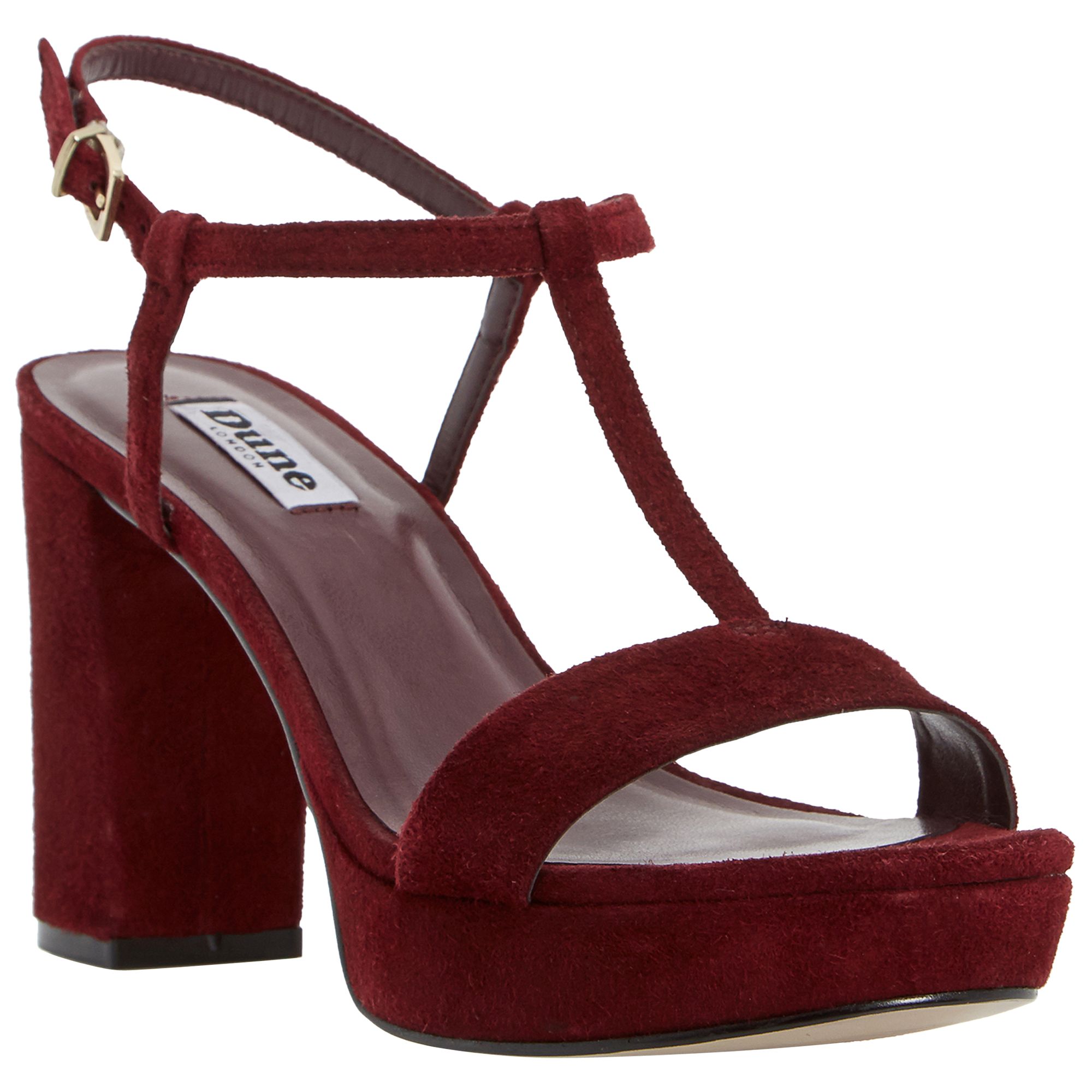 Buy Dune Jilly T-Bar Block Heel Sandals, Burgundy | John Lewis