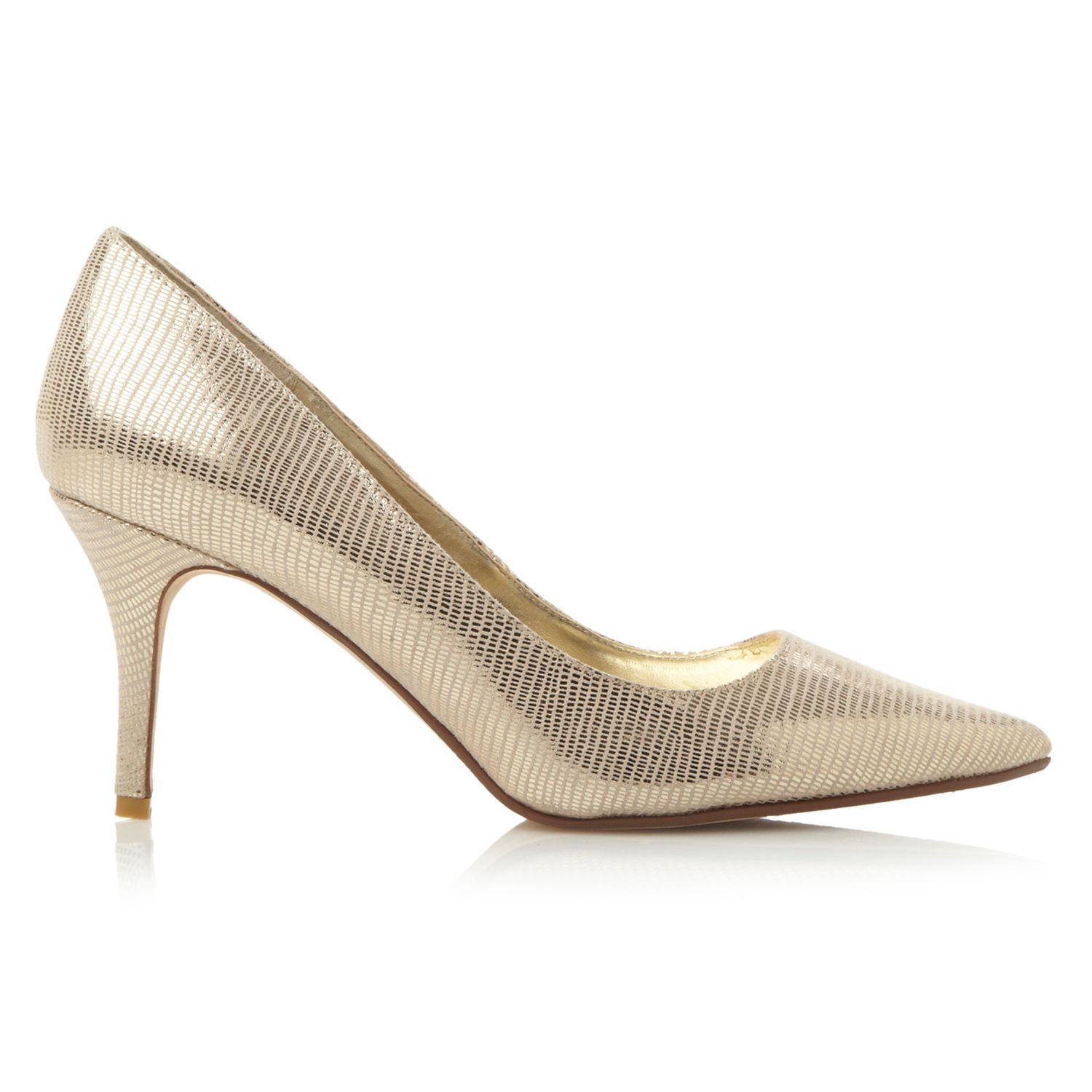 Dune Alina Pointed Toe Court Shoes, Champagne Reptile at John Lewis ...