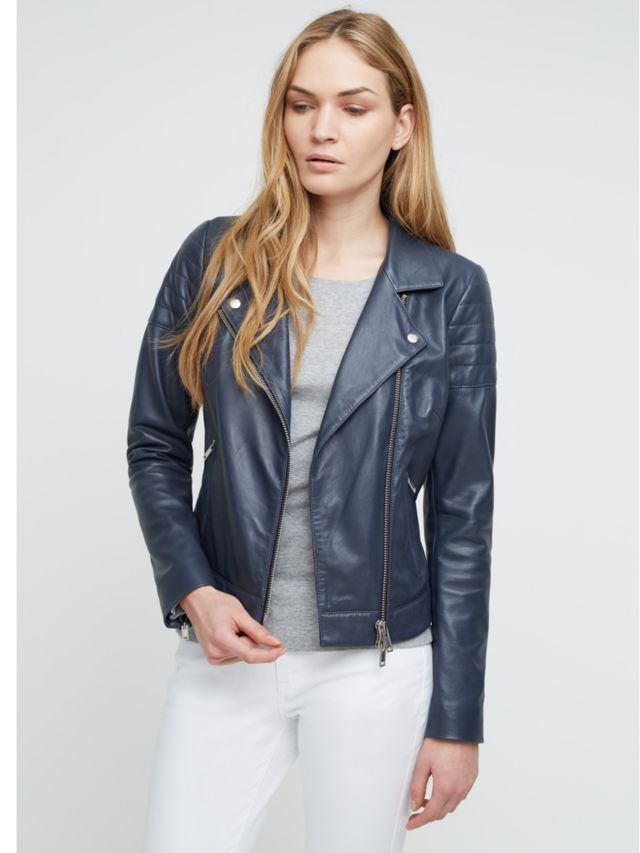 Jigsaw Quilted Sleeve Leather Biker Jacket, Navy