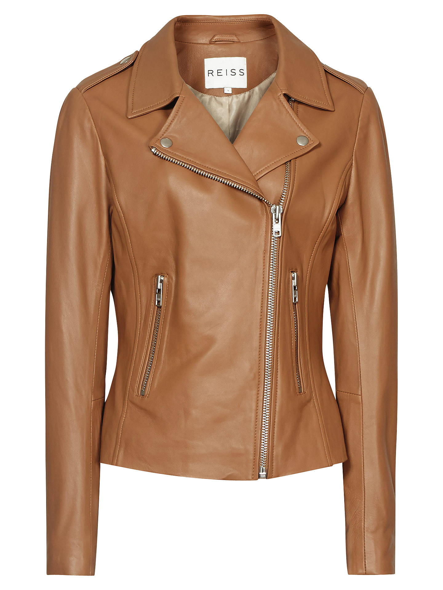 Reiss Leather Biker Jacket, Tan at John Lewis & Partners