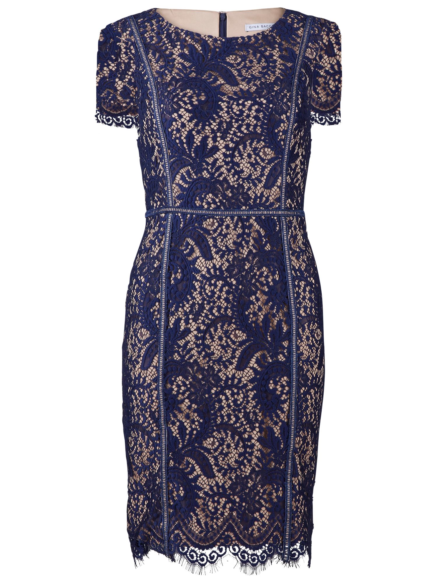 Gina Bacconi Floral Scroll Fringed Scallop Lace Dress, Navy