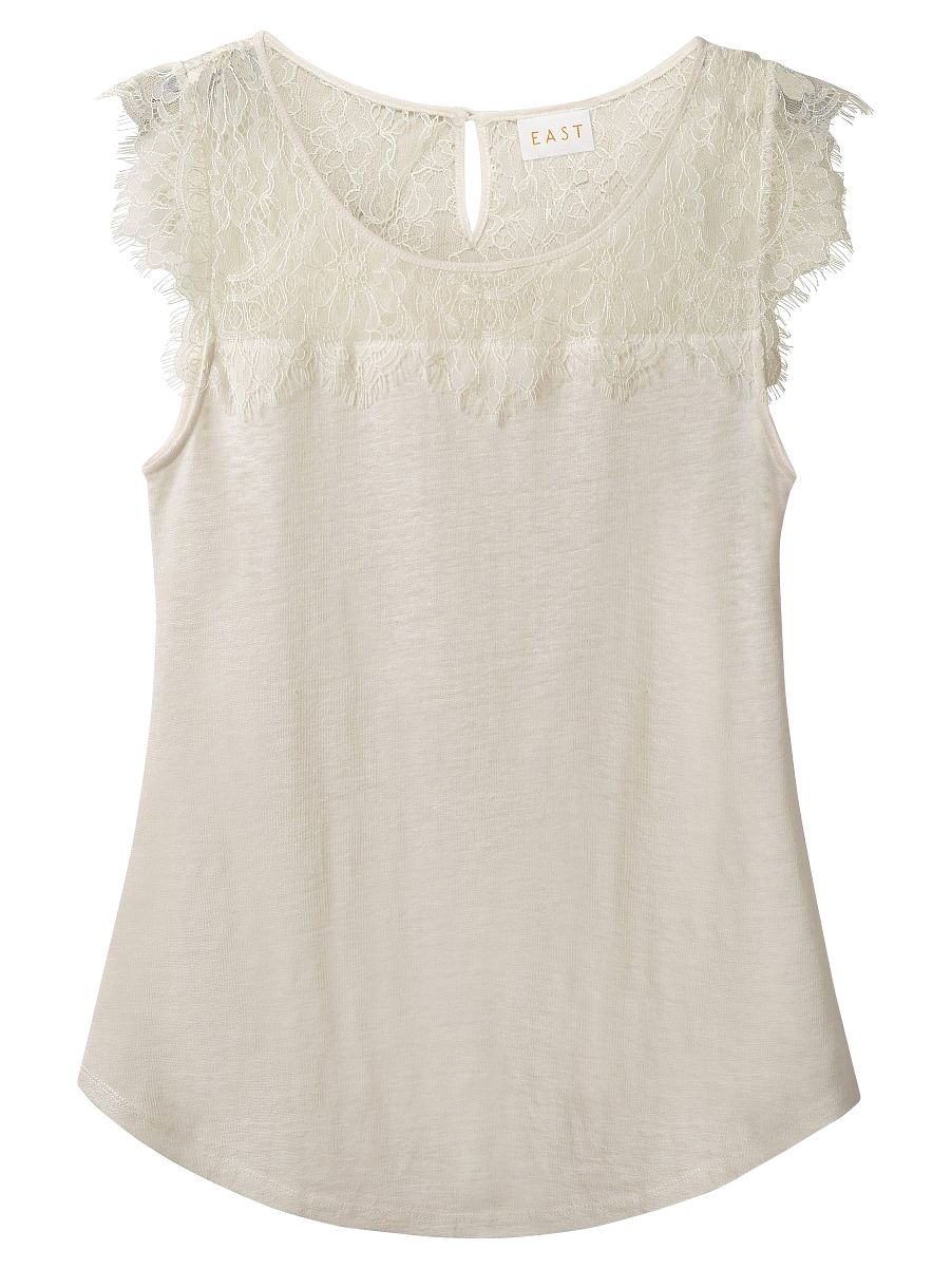 East Linen Short Sleeve Lace Top | Ivory at John Lewis