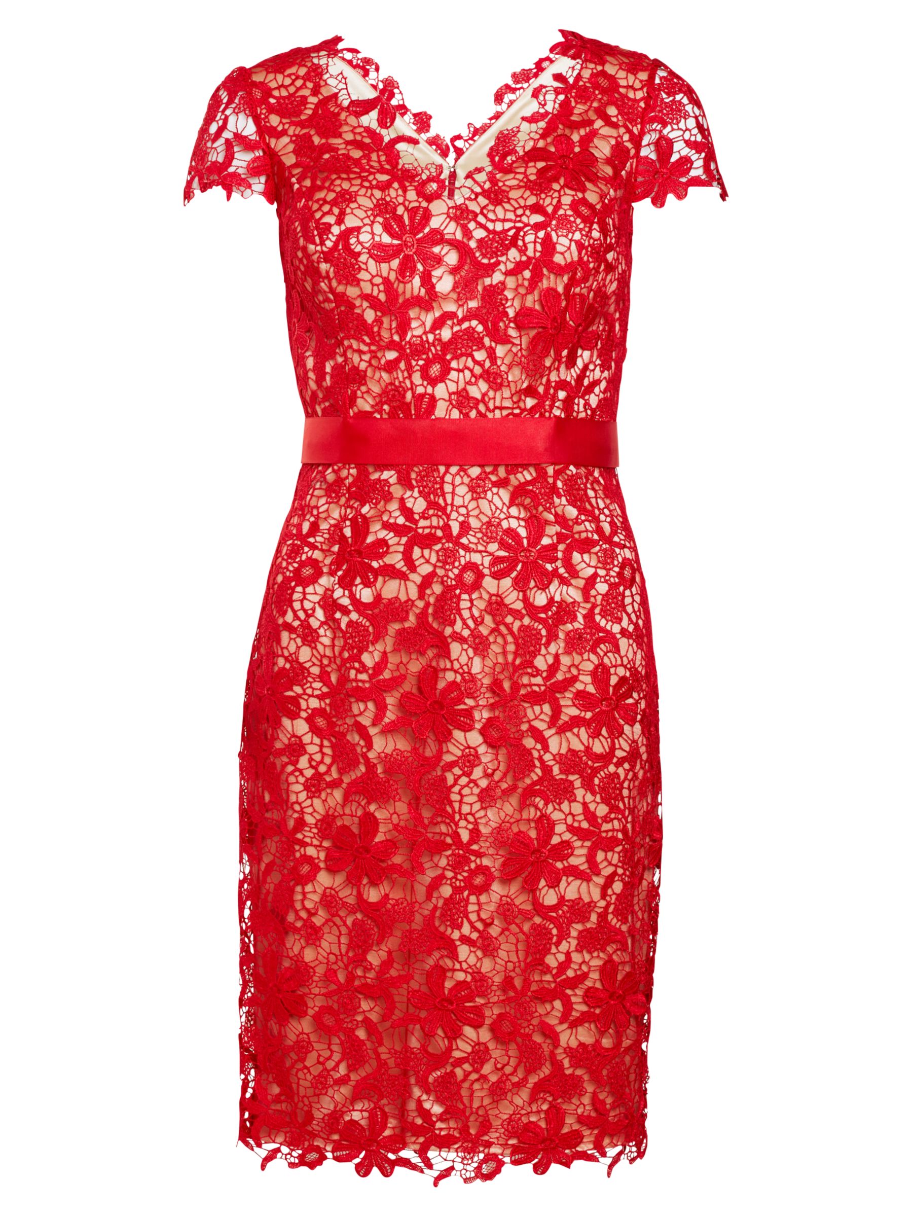 Gina Bacconi Grosgrain Belt Lace Dress, Red at John Lewis & Partners