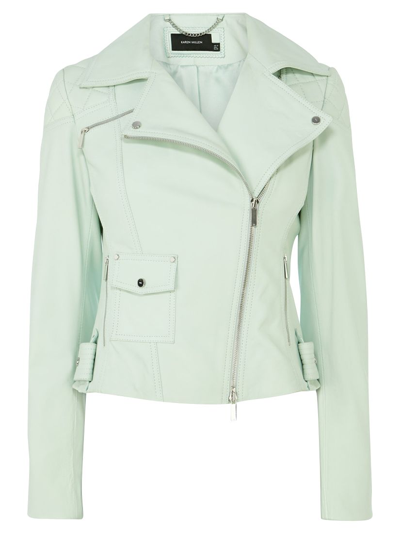 Karen Millen Leather Biker Jacket, Aqua at John Lewis & Partners