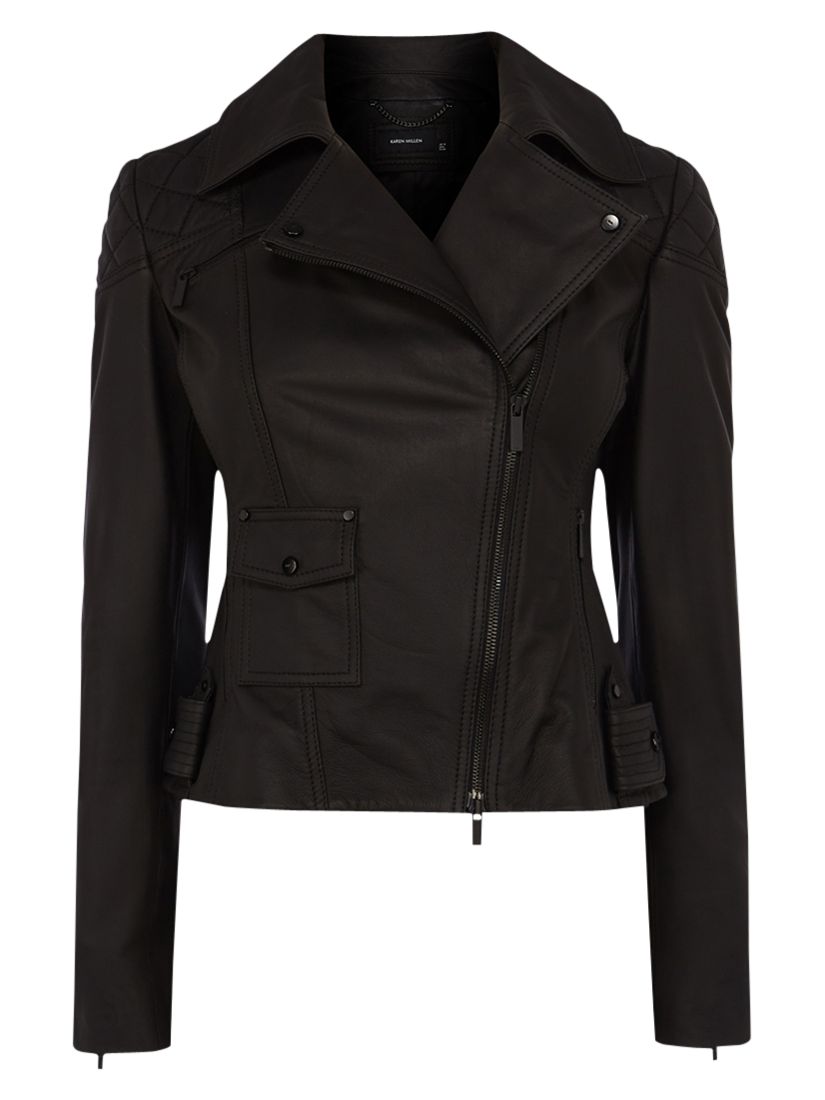 Karen Millen Matt Leather Biker Jacket, Black at John Lewis & Partners