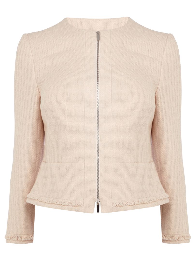 Karen Millen Fringed Tweed Jacket, Pale Pink at John Lewis & Partners