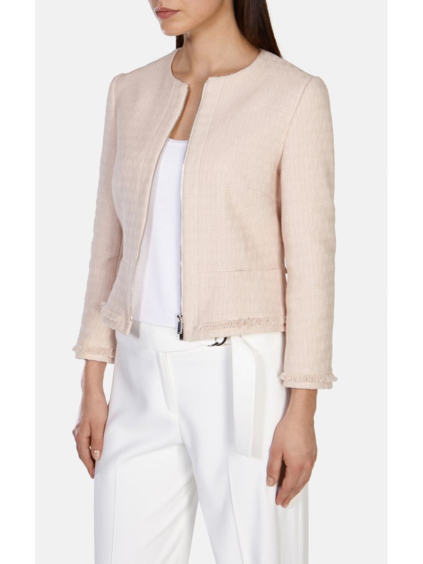 Karen Millen Fringed Tweed Jacket, Pale Pink