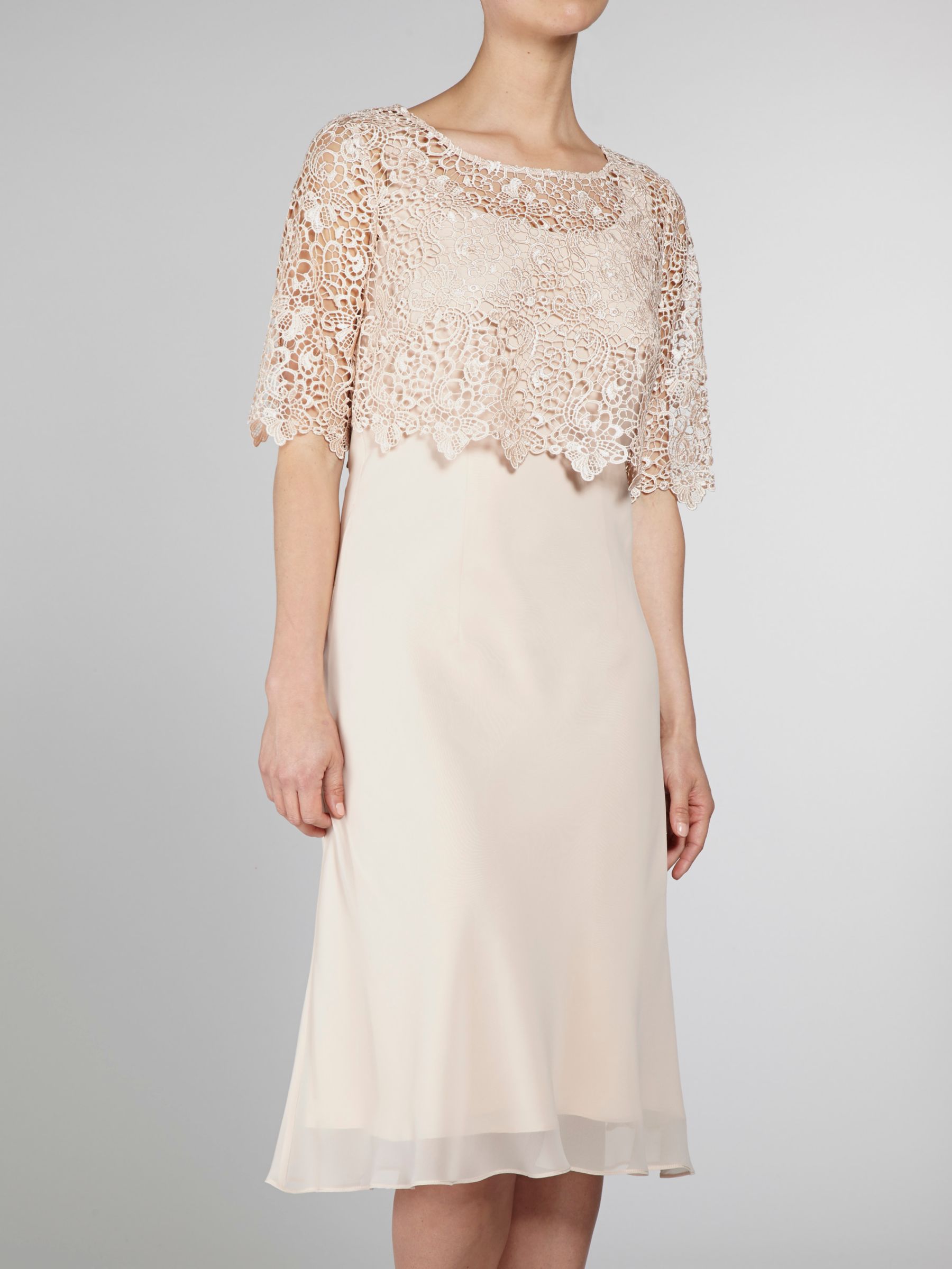 Gina Bacconi Chiffon Dress With Guipure Lace Top, Beige at John Lewis ...
