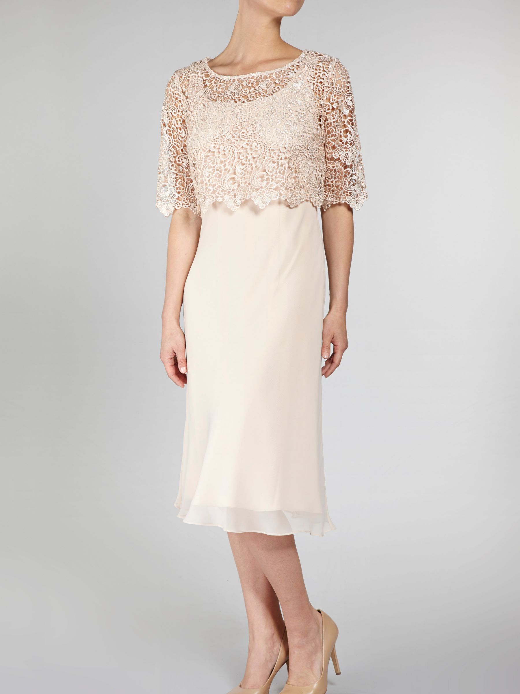 Gina Bacconi Chiffon Dress With Guipure Lace Top, Beige at John Lewis ...