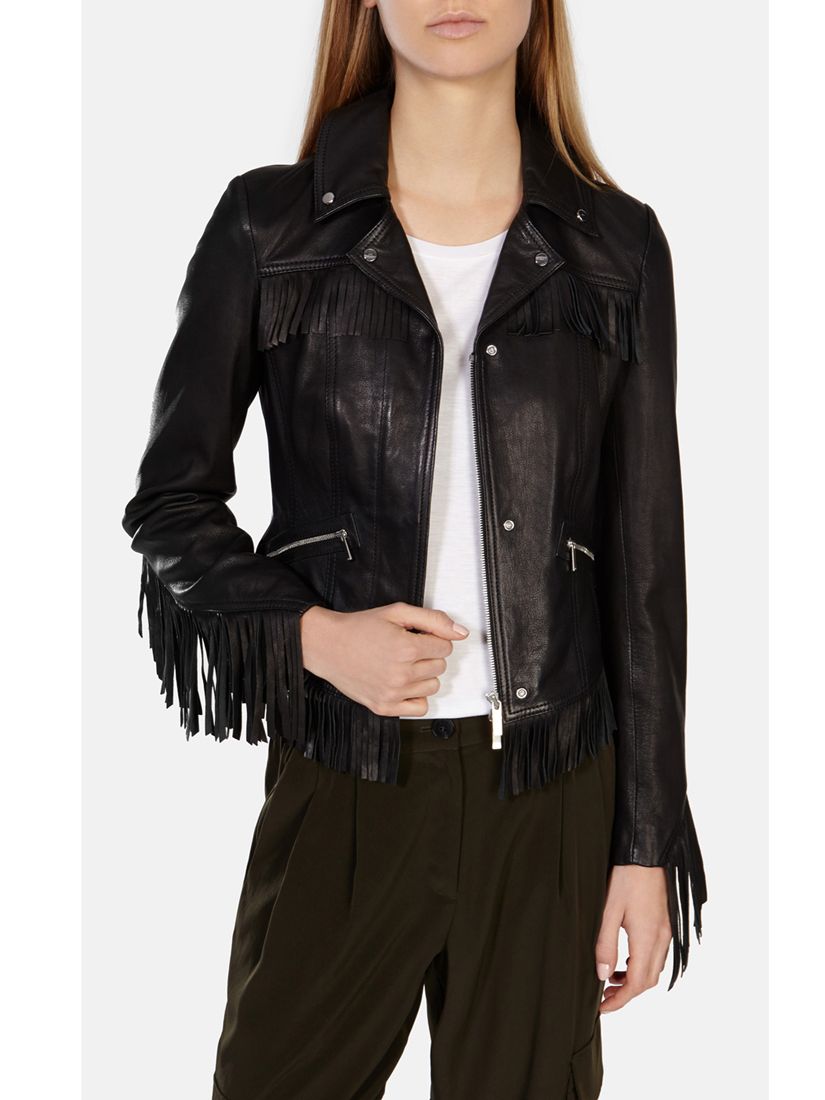 Karen Millen Leather Fringe Jacket Black 5578