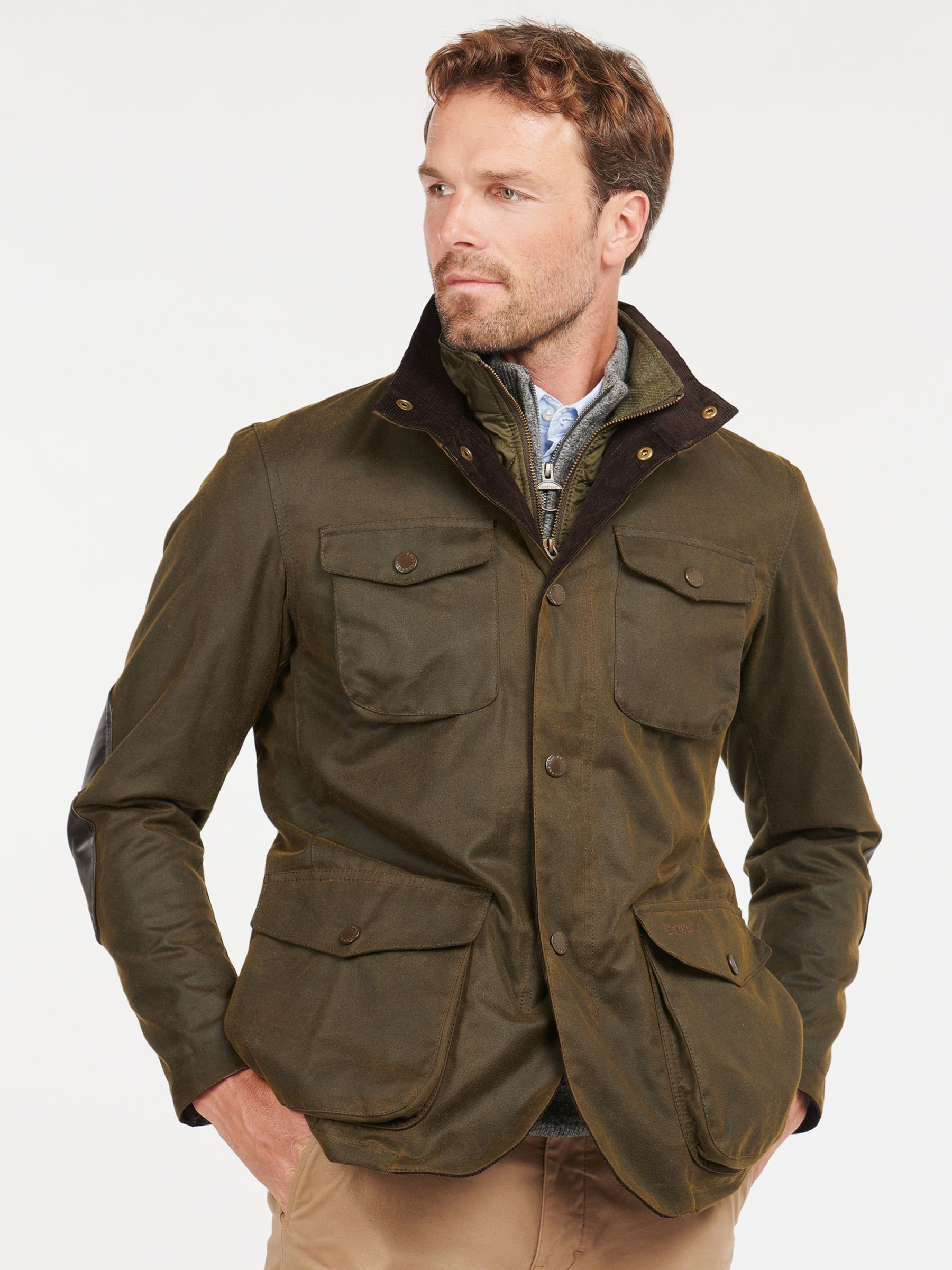 Barbour Ogston Waxed Jacket, Olive at John Lewis & Partners