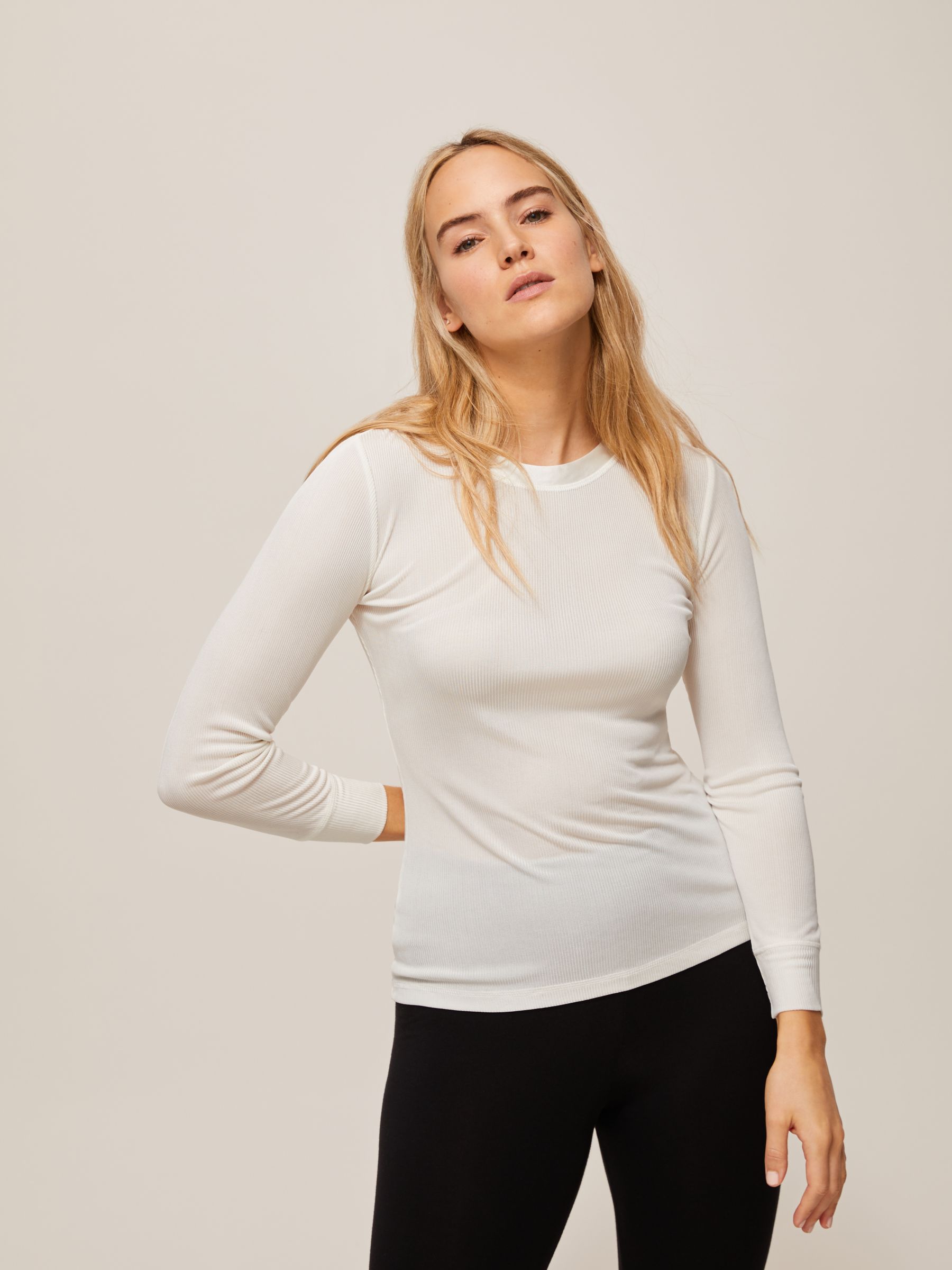 John Lewis & Partners Ribbed Long Sleeve Silk Thermal Vest, Ivory at ...