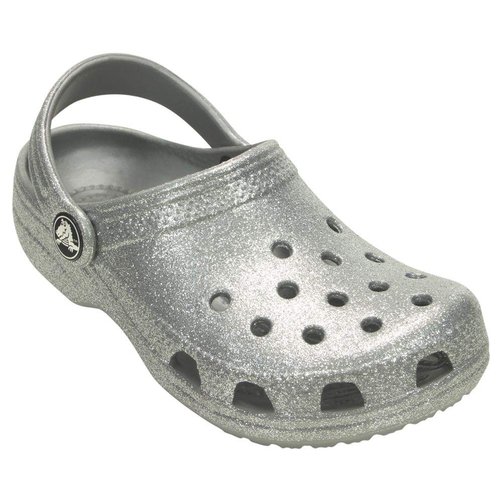 silver sparkly crocs