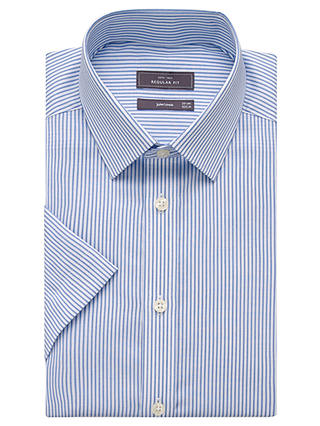 John Lewis & Partners Cotton Twill Stripe Regular Fit Short Sleeve Shirt, White/Blue