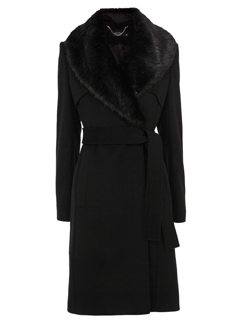 Karen Millen Faux Fur Collar Wool Trench Coat, Black at John Lewis ...