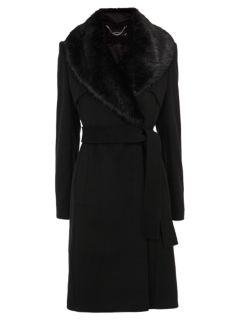 Karen Millen Faux Fur Collar Wool Trench Coat, Black