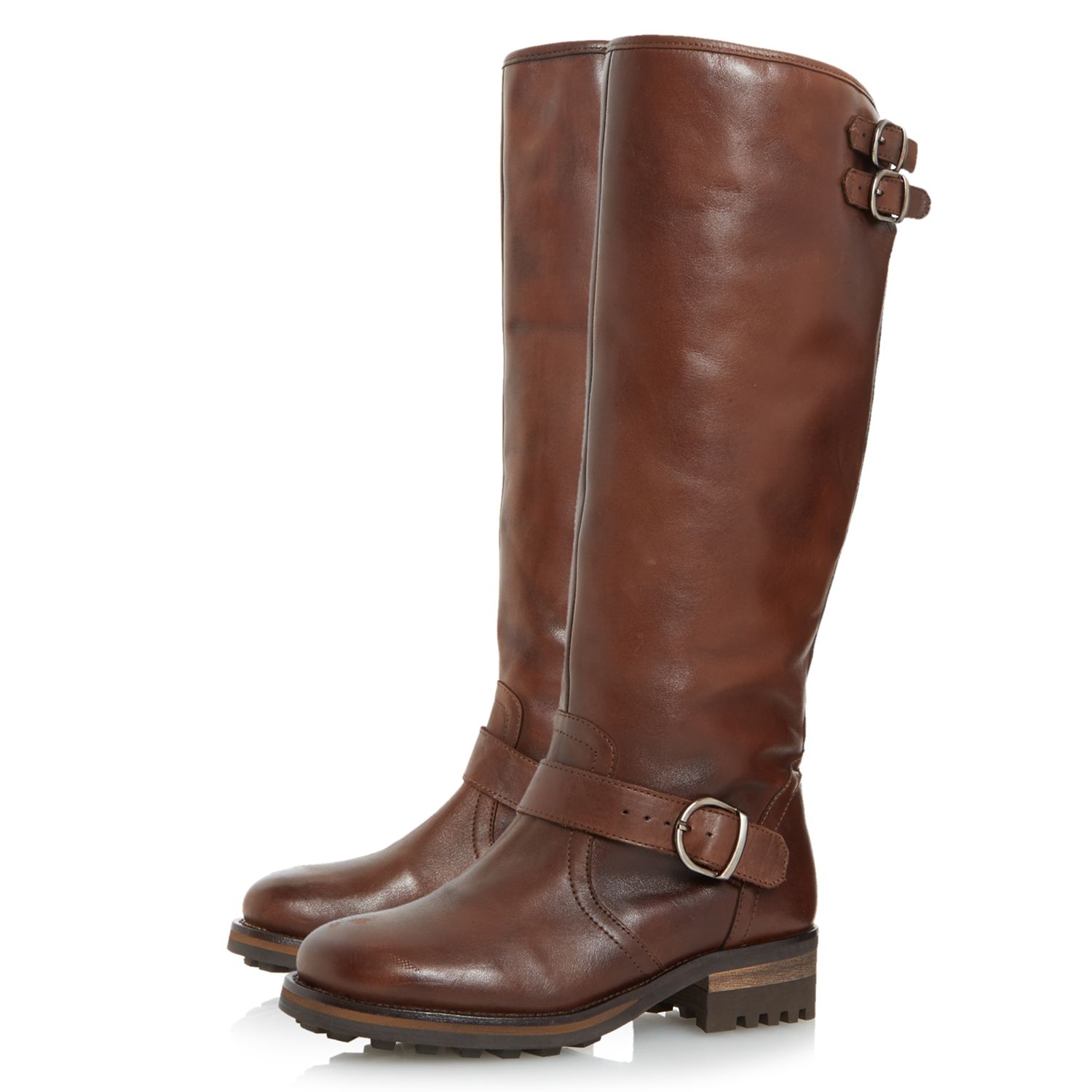 Dune Vesper Block Heeled Knee High Boots, Brown Leather