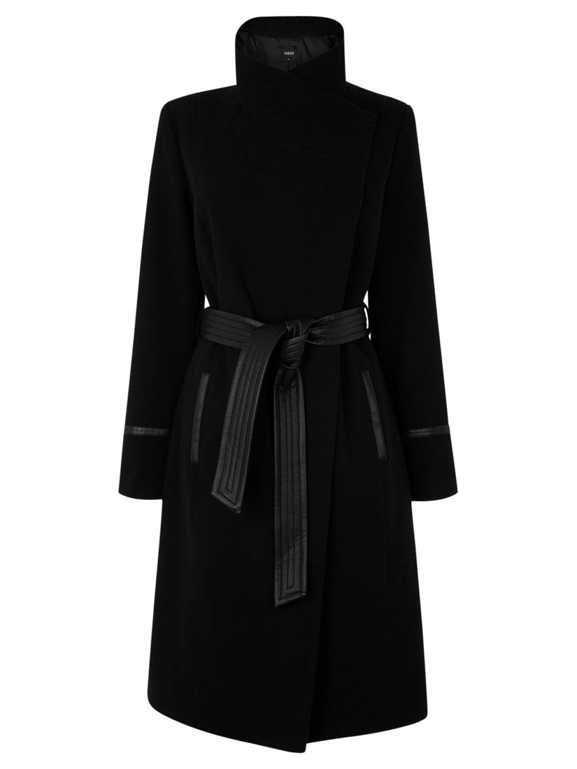 Oasis Bea PU Detail Long Coat, Black