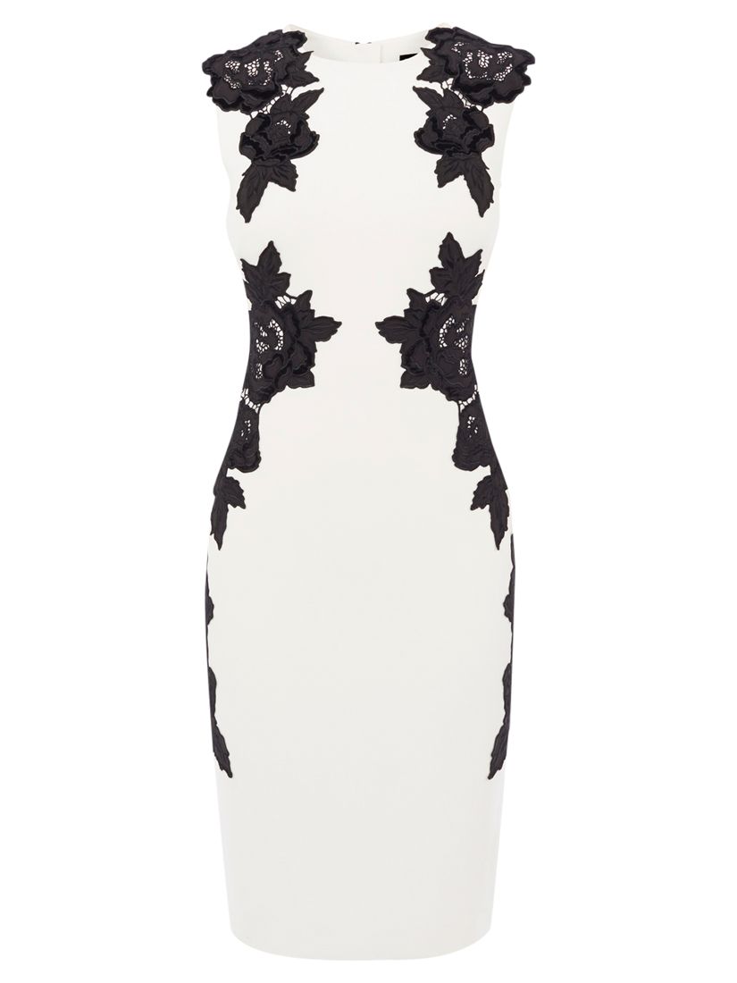 Karen Millen Velvet Floral Applique Dress, Black / White at John Lewis ...