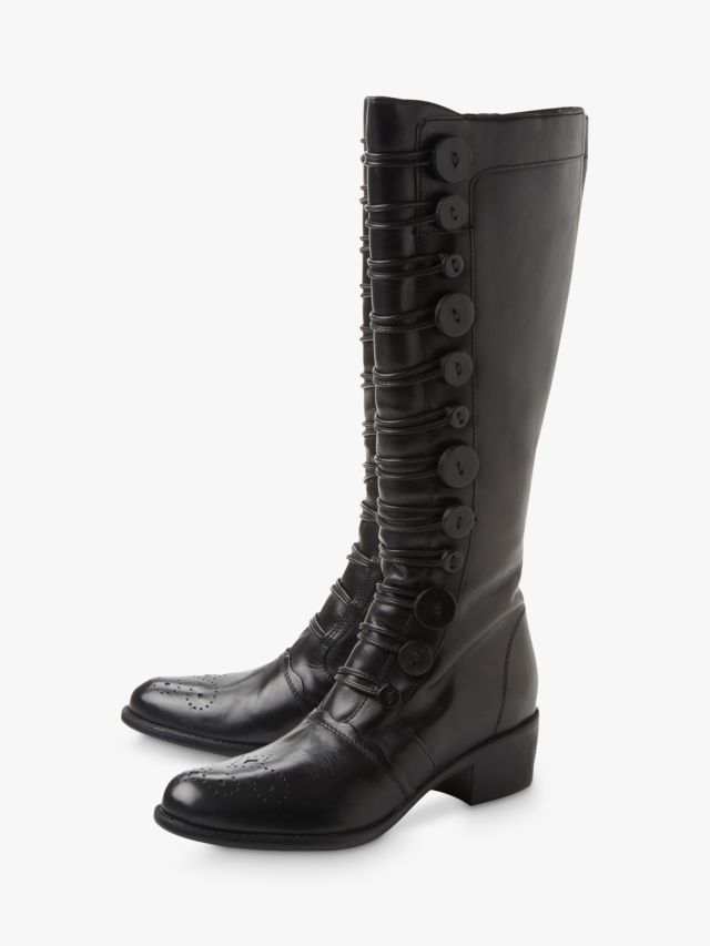 Dune Pixie D Button Detail Knee High Boots, Black Leather, 3