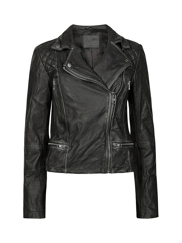AllSaints Leather Cargo Biker Jacket, Black/Grey