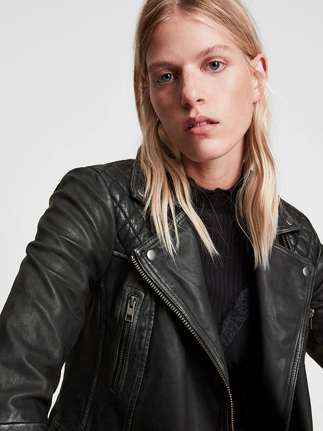 AllSaints Leather Cargo Biker Jacket, Black/Grey