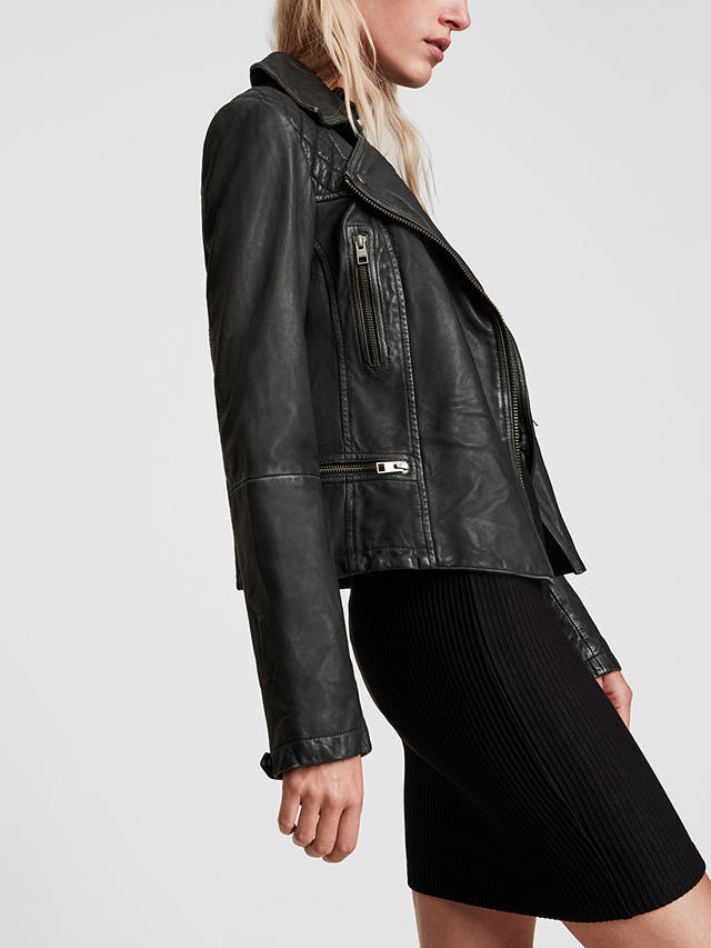 AllSaints Leather Cargo Biker Jacket, Black/Grey