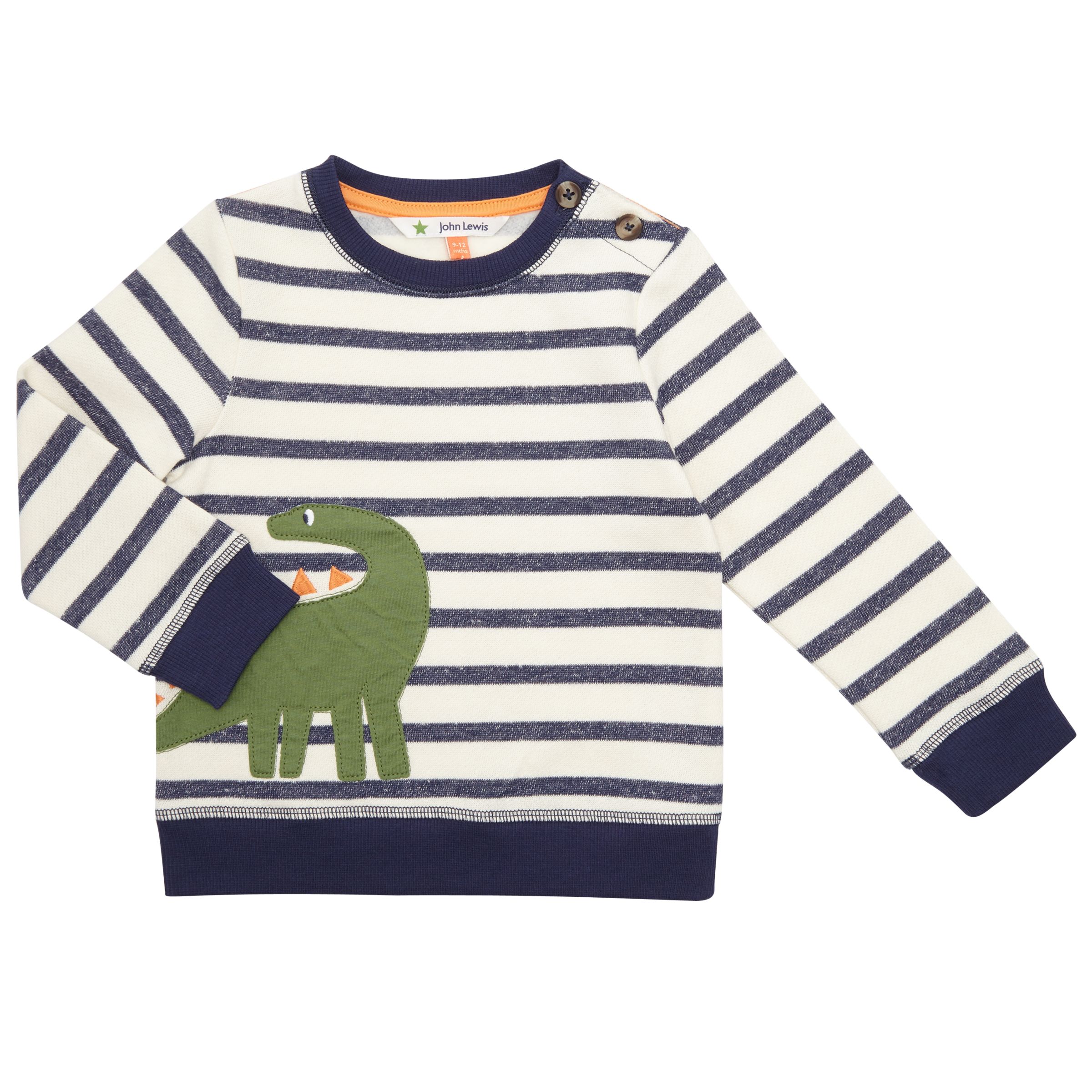 John Lewis & Partners Baby Stripe Dinosaur Sweatshirt, Blue