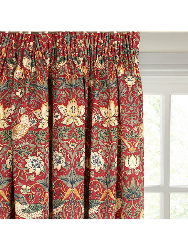Morris & Co. Strawberry Thief Pair Lined Pencil Pleat Curtains, Red, W167 x Drop 137cm