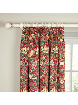 Morris & Co. Strawberry Thief Pair Lined Pencil Pleat Curtains, Red, W228 x Drop 228cm