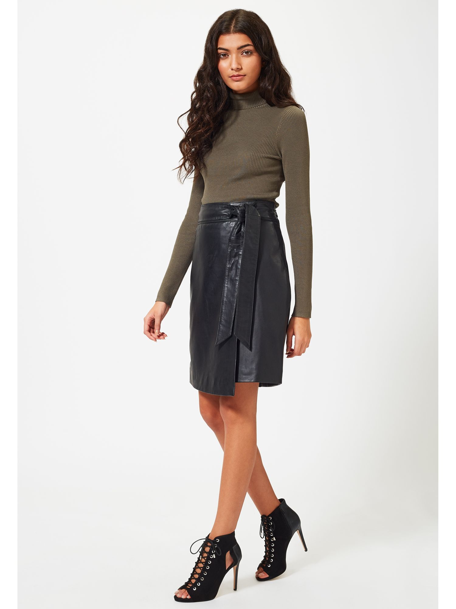 Miss Selfridge Leather Knot Skirt, Black