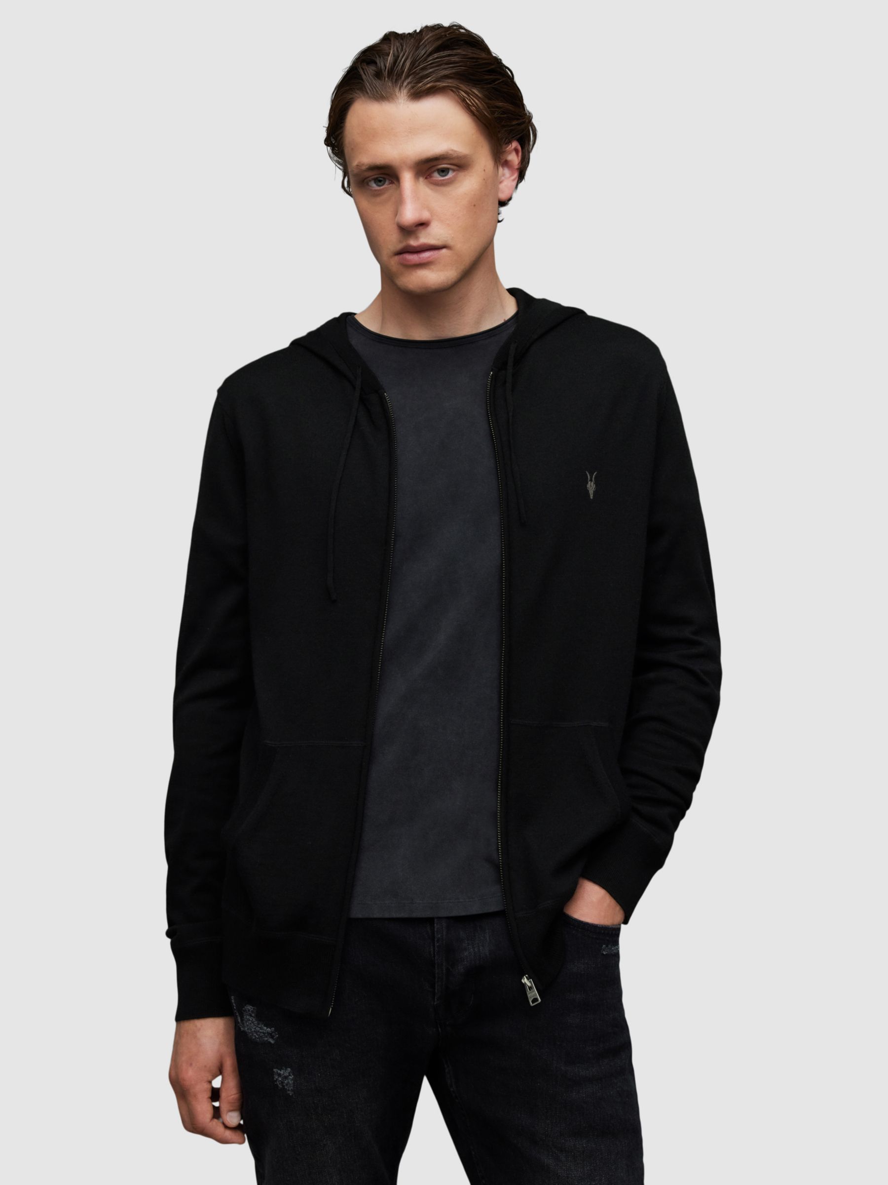 AllSaints Mode Merino Wool Zip Up Hoodie, Black, XS